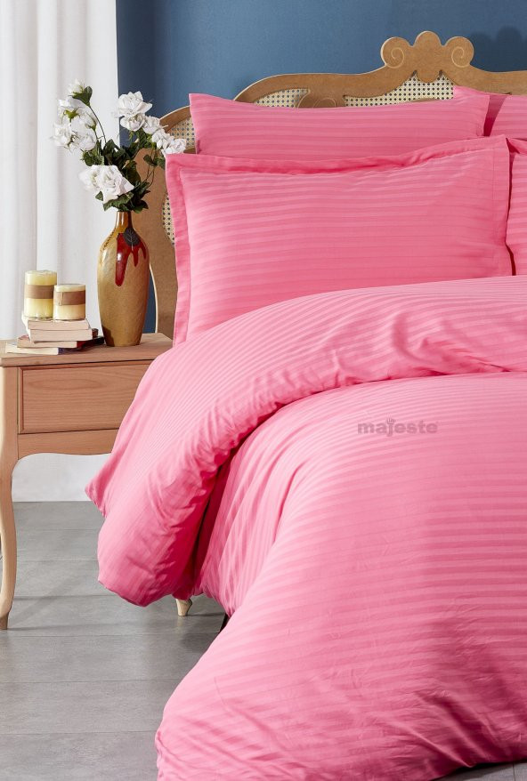 FABRICATOR DELUX Çizgili %100 Doğal Pamuk Saten Nevresim Takımı Çift Kişilik (6 Parça)-Pembe - 4