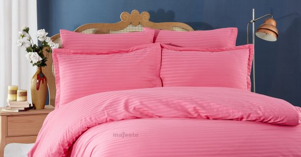 FABRICATOR DELUX Çizgili %100 Doğal Pamuk Saten Nevresim Takımı Çift Kişilik (6 Parça)-Pembe - 6