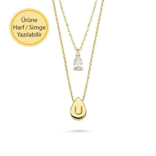 14 Ayar Altın Damla Taşlı İkili Kolye ürün görseli