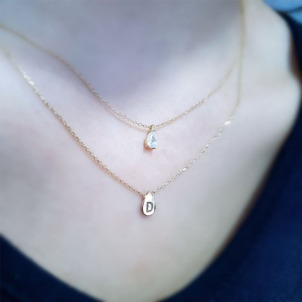 14 Ayar Altın Damla Taşlı İkili Kolye - Resim 4