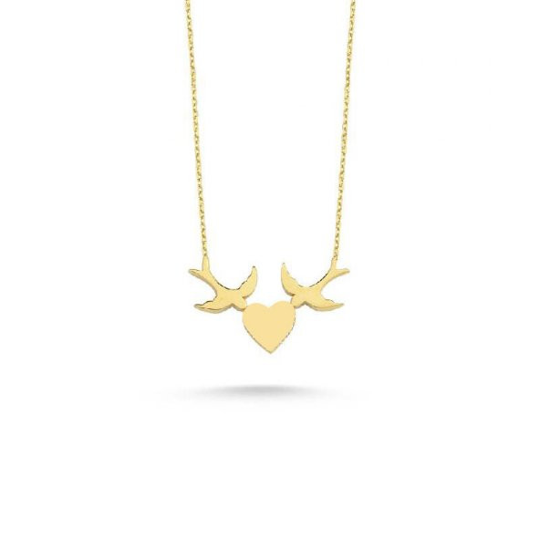 14 Ayar Altın Kuş Figürlü Kalp Kolye - Resim 2
