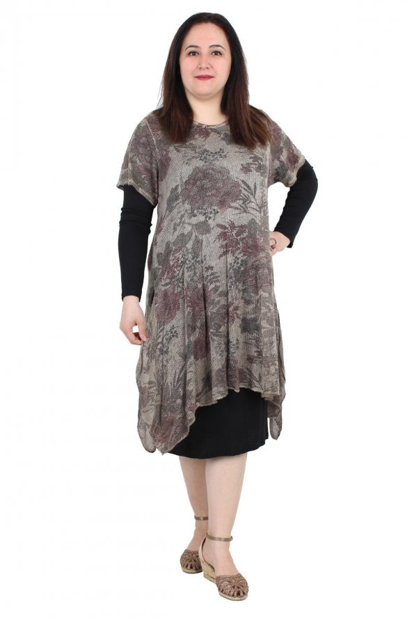 Günay Kadın Büyük Beden Elbise İtn012 Sonbahar Kış O Yaka Triko Mixli-VİZON