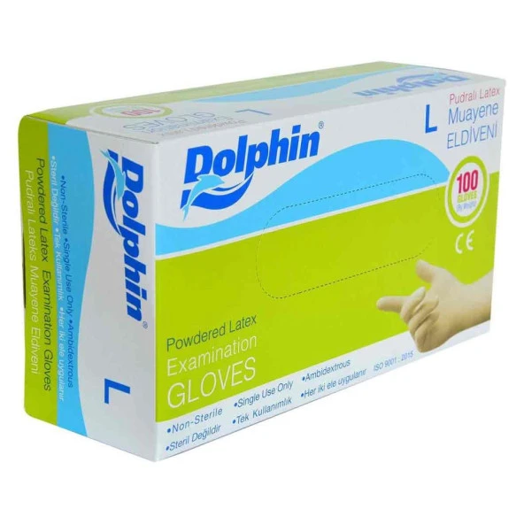 Dolphin Pudralı Latex Muayene Eldiveni Büyük Boy (L) 100Lü Paket