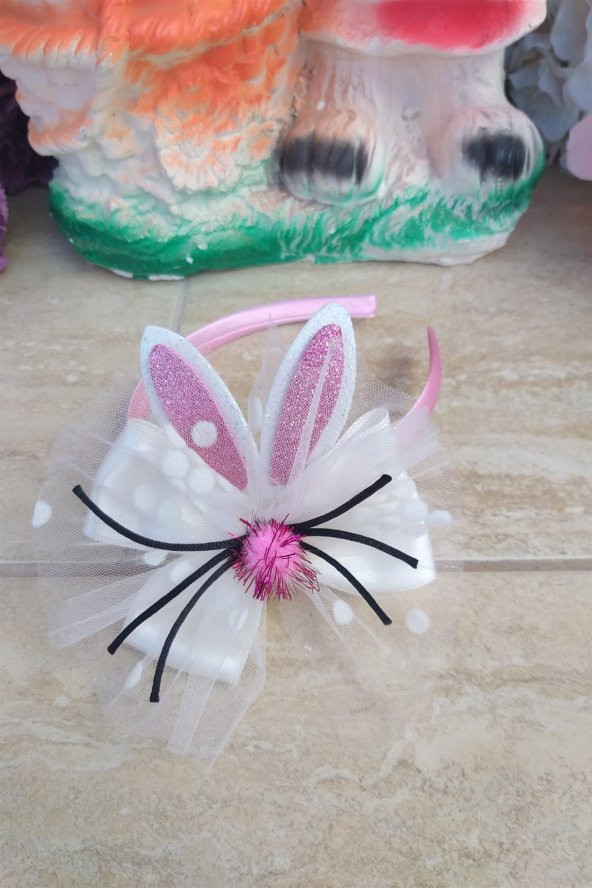 MelKady 026PE- Lohusa Set, Sevimli Bıyıklı Tavşanlı Lohusa Terliği, Taç ve Bebek Saç Bandı - Pembe - 2