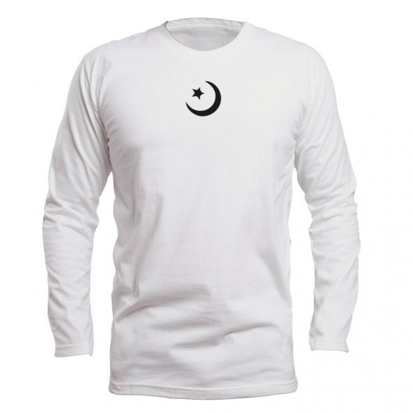 Etnik Minimal İslam Ay Yıldızı Beyaz Long Sleeve Uzun Kol Tişört - 1