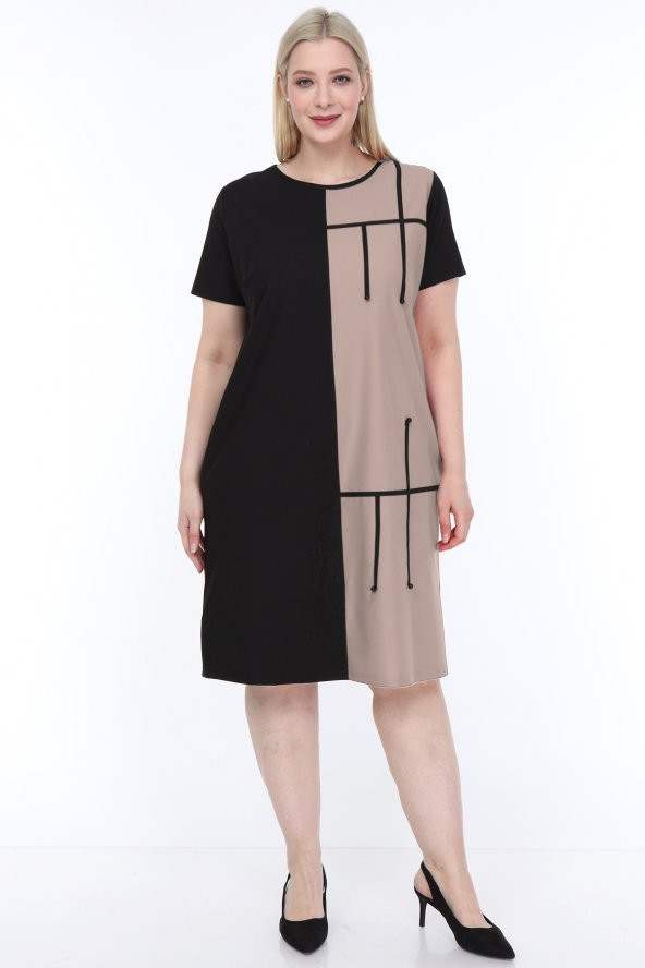 Lir Kadın Büyük Beden Yarım Kol Elbise Vizon L1621