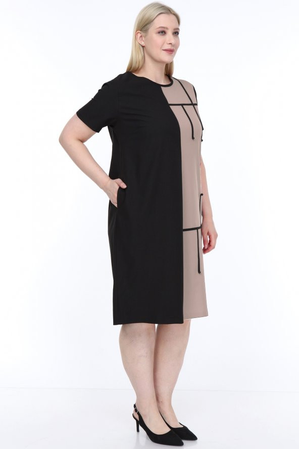 Lir Kadın Büyük Beden Yarım Kol Elbise Vizon L1621 - 2