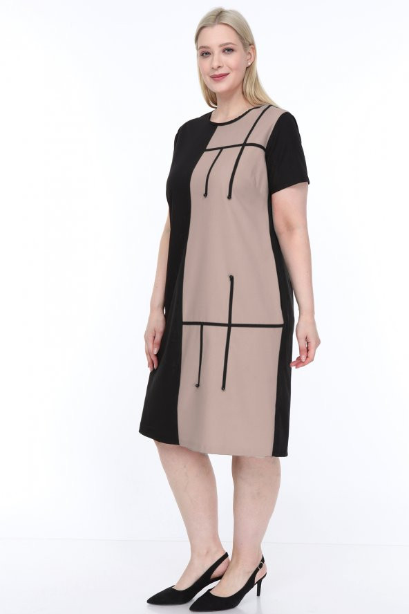 Lir Kadın Büyük Beden Yarım Kol Elbise Vizon L1621 - 4