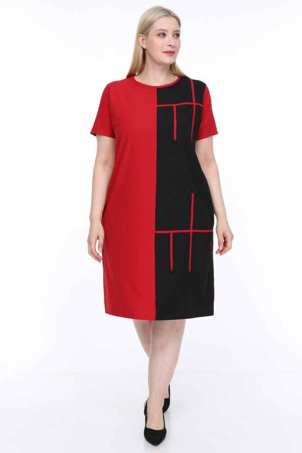 Lir Kadın Büyük Beden Yarım Kol Elbise Kırmızı L1621