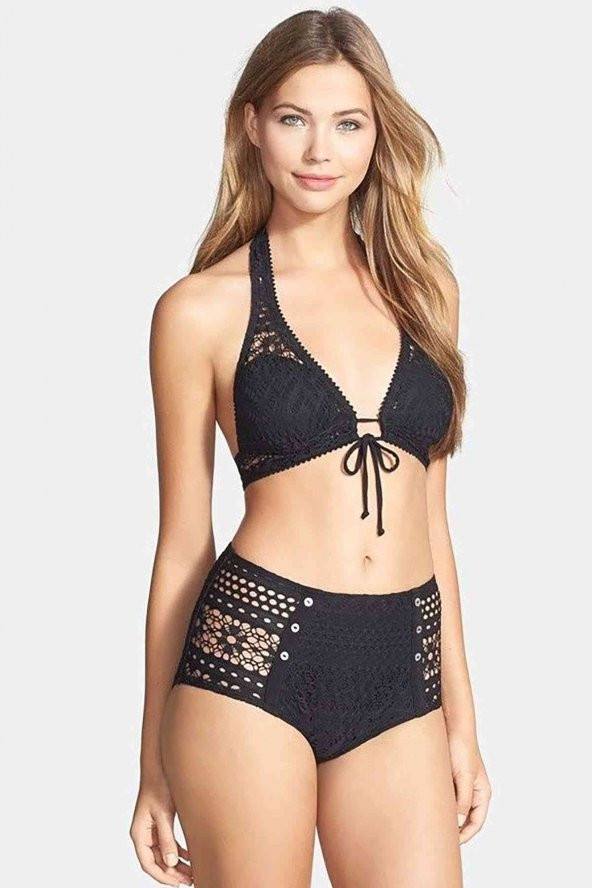 Angelsin Siyah Dantel Yüksek Bel Bikini Takım