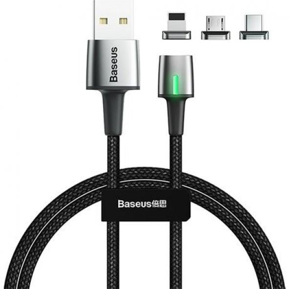 Baseus Manyetik Mıknatıslı 3 Başlıklı Şarj Kablosu, iPhone+Type-C+Micro 2 Metre Kablo