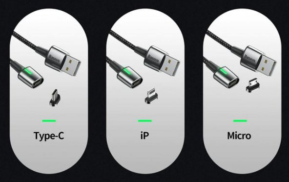 Baseus Manyetik Mıknatıslı 3 Başlıklı Şarj Kablosu, iPhone+Type-C+Micro 2 Metre Kablo - 3