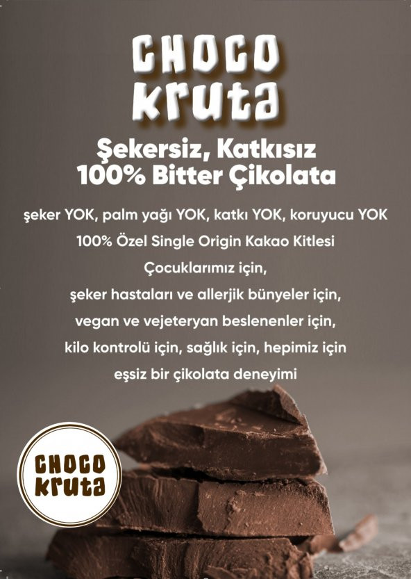 CHOCO KRUTA Şekersiz 100% Bitter Çikolata (GHANA) (500 Gr.) (Blok) - 3
