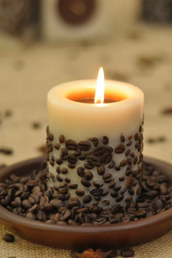Kahve Çekirdekli Silindir Mum (8*10 cm) Krem/Kahve