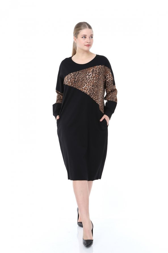 Lir Kadın Büyük Beden Uzun kol Leopar Desen Elbise Siyah L1609