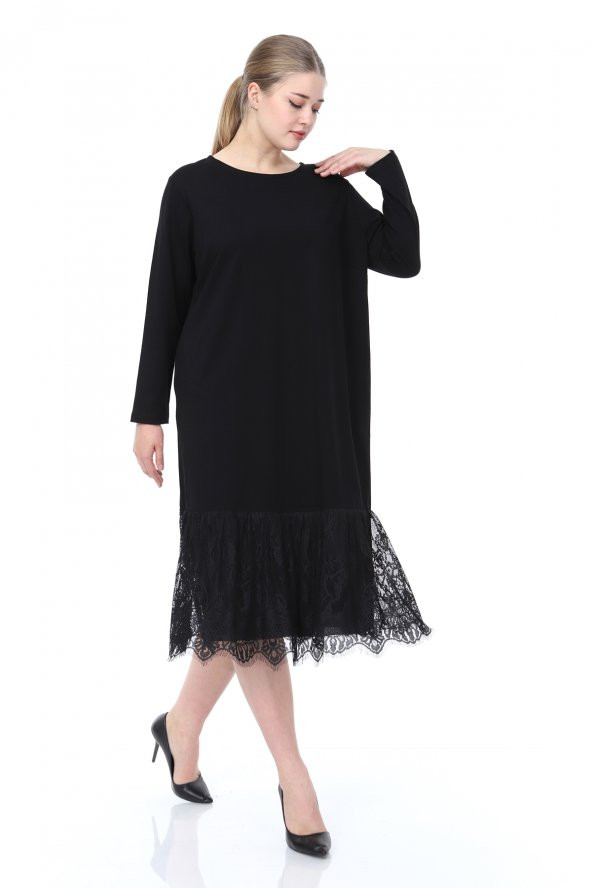 Lir Kadın Büyük Beden Uzun Kol Dantel Detay Elbise Siyah L1607