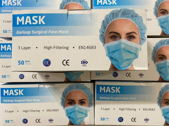 3 Katlı Medikal Lastikli Cerrahi Yüz Maskesi Burun Telli 100 Adet CE Belgeli Yasal Ürün