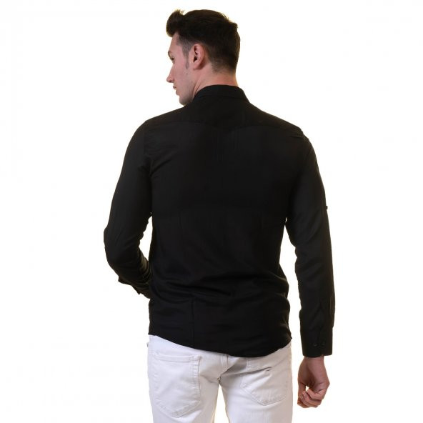 Siyah Western Stil Cepli Pamuk Gömlek - 4