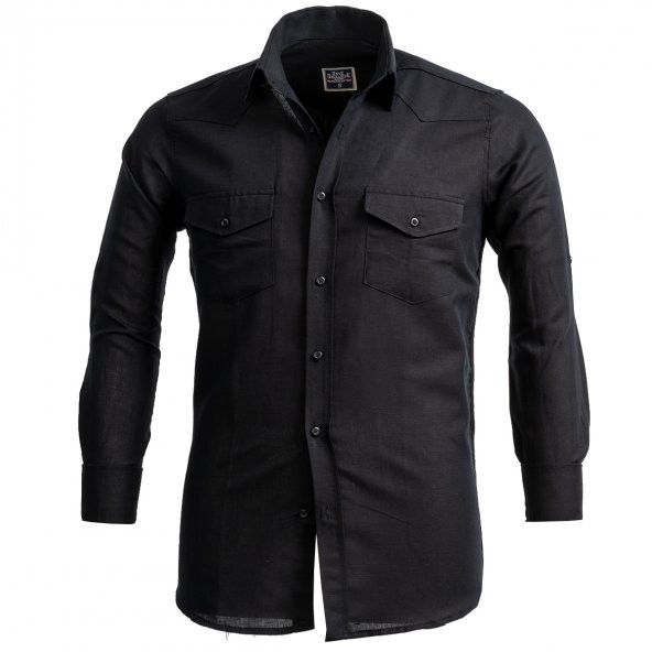 Siyah Western Stil Cepli Pamuk Gömlek - 8