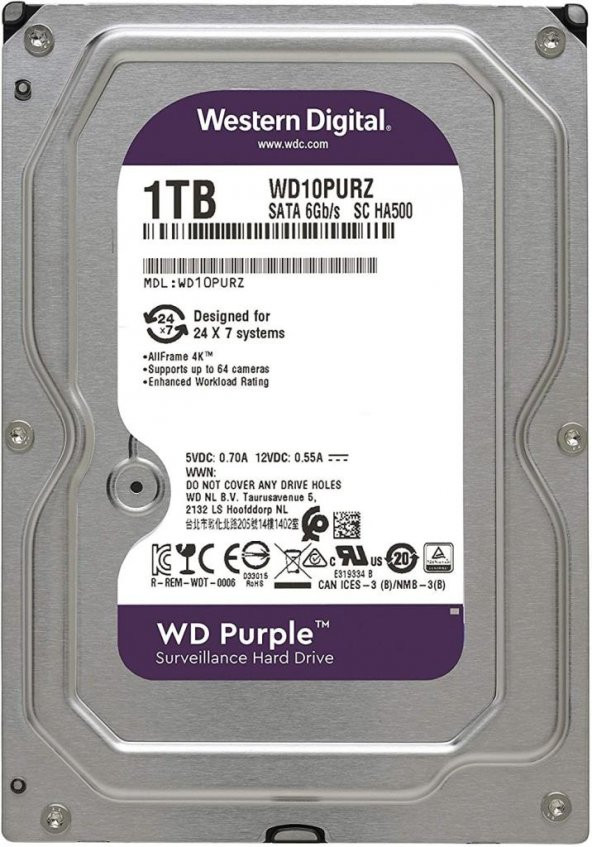 WD 3,5" 1TB 5400RPM SATA3 64MB (GÜVENLİK) PURPLE 7x24 Çalışabilme