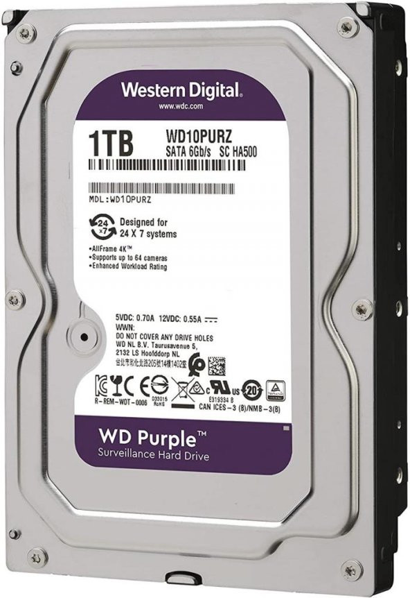 WD 3,5" 1TB 5400RPM SATA3 64MB (GÜVENLİK) PURPLE 7x24 Çalışabilme - 2