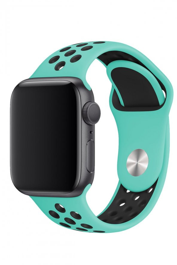 Apple Watch Uyumlu 42 mm Spor Delikli Kordon Silikon Kayış Su Yeşili - 2
