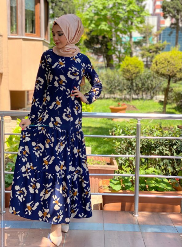 modayns Kadın Mavi Çiçek Desenli Elbise