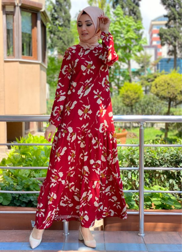 modayns Kadın Bordo Çiçek Desenli Elbise