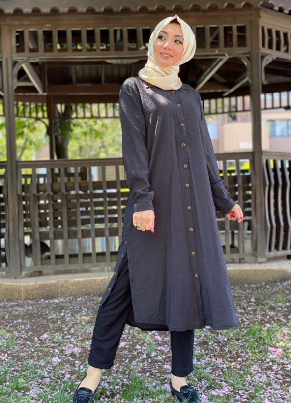 modayns Kadın Siyah Boydan Düğmeli Uzun Tunik