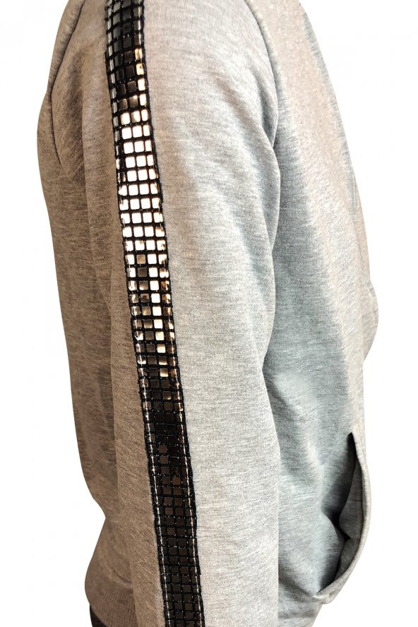 Kız Çocuk Kol Baskılı Fermuarlı Sweatshirt Gri Melanj 19179 - 2