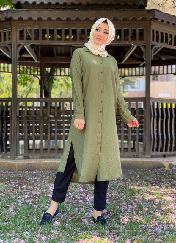 modayns Kadın Yeşil Boydan Düğmeli Uzun Tunik