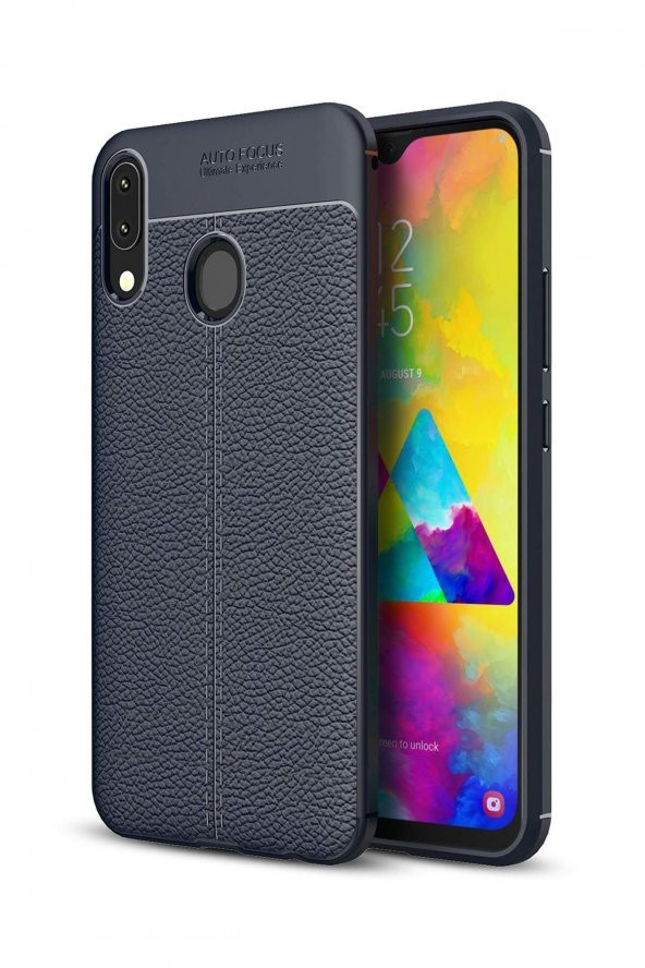 Samsung Galaxy M20 Kılıf Carbon Deri Görünümlü Lacivert