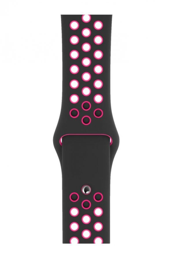 Apple Watch Uyumlu 42 mm Spor Delikli Kordon Silikon Kayış Siyah Pembe