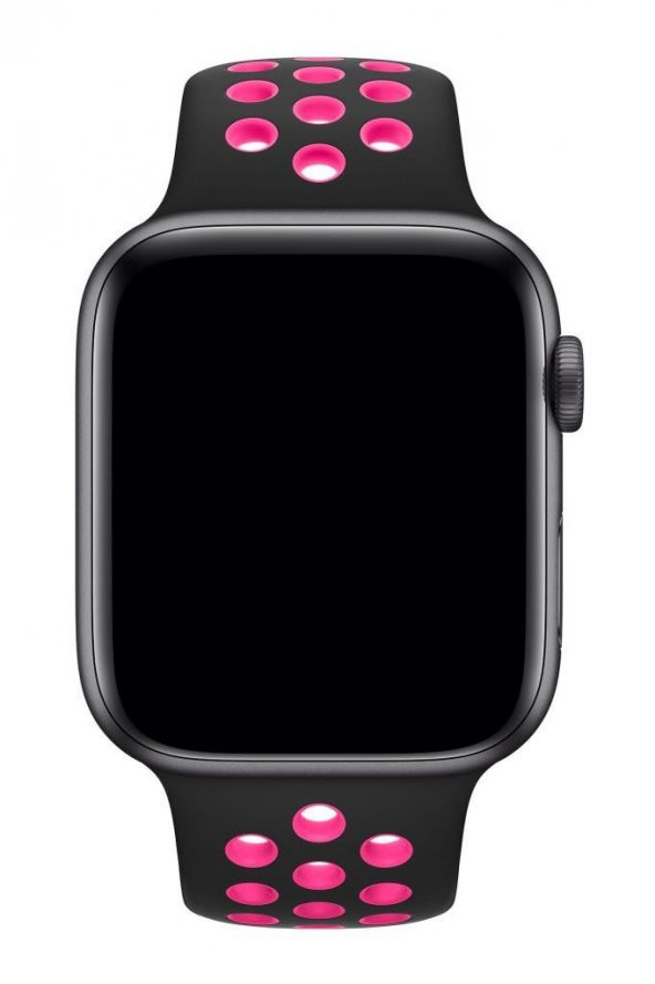 Apple Watch Uyumlu 42 mm Spor Delikli Kordon Silikon Kayış Siyah Pembe - 2