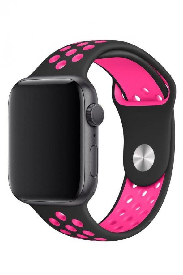 Apple Watch Uyumlu 42 mm Spor Delikli Kordon Silikon Kayış Siyah Pembe - 3