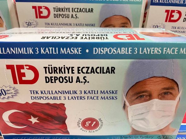 50 Adet 3 Katlı Medikal Lastikli Cerrahi Yüz Maskesi Burun Telli TED