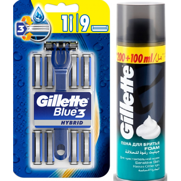 Gillette Blue3 Hybrid Tıraş Makinesi  8 Yedek Tıraş Bıçağı Gilette 300 ml Tıraş Köpük