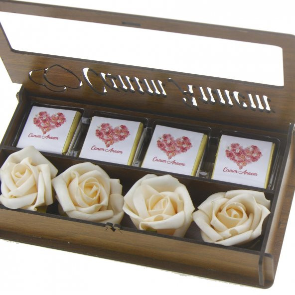 Çiçekli Ahşap Kutuda Canım Annem 12 Adet Çikolata - 2