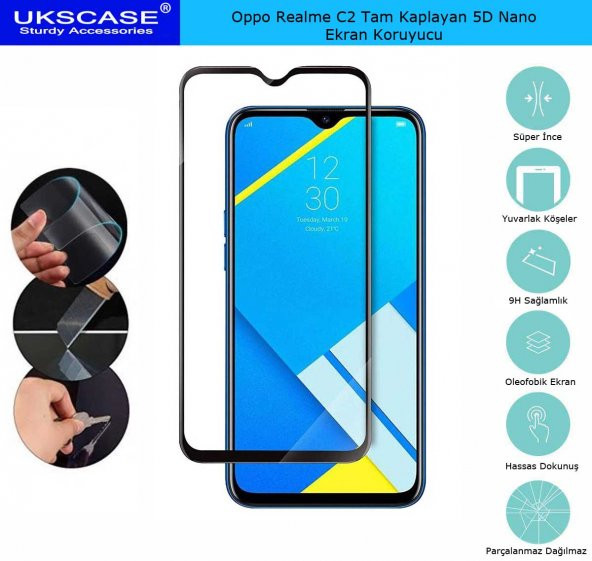 Realme C2 Tam Kaplayan Ekran Koruyucu 5D Nano Glass