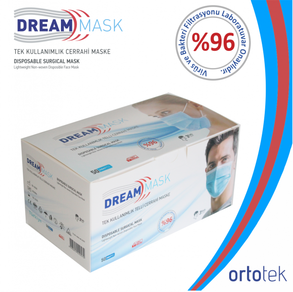 Dream Mask - 3 Katlı Telli Cerrahi Yüz Maskesi(50 Adet)(ÜCRETSİZ KARGO)