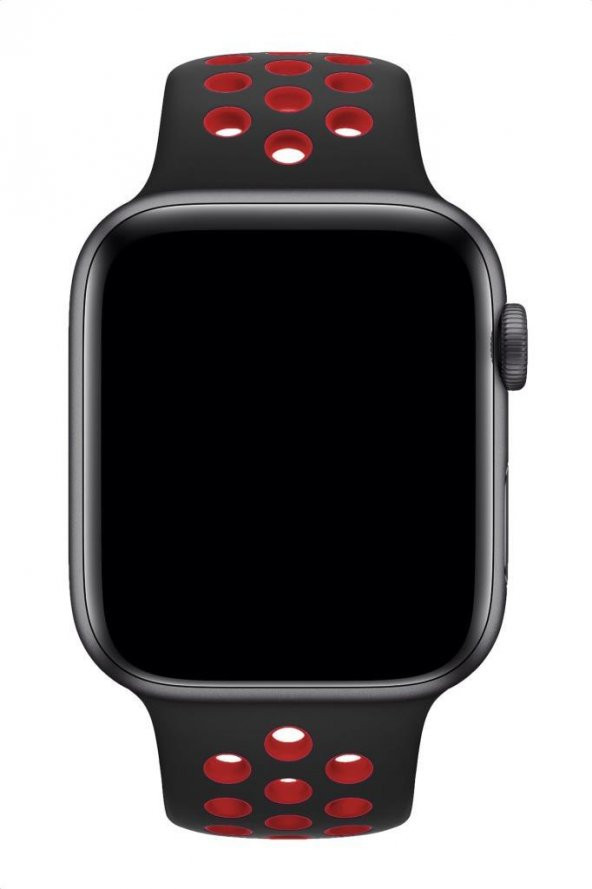 Apple Watch Uyumlu 44 mm Spor Delikli Kordon Silikon Kayış Siyah Kırmızı - 2