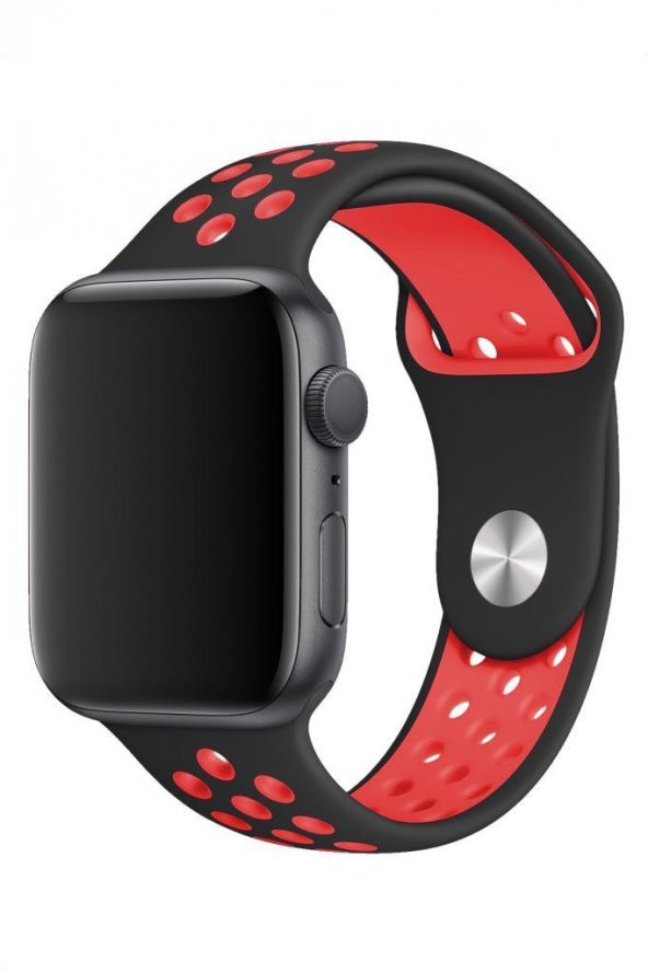 Apple Watch Uyumlu 44 mm Spor Delikli Kordon Silikon Kayış Siyah Kırmızı - 3