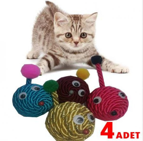 Kanas Kuyruklu Renkli Top Kedi Oyuncağı 4 ADET 5 Cm