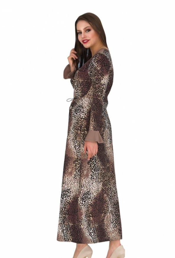 Bayan Kahverengi leopar desenli Uzun elbise 00541