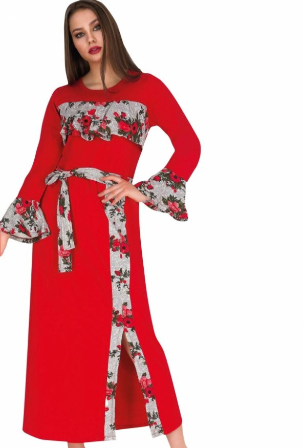 Bayan Kırmızı  Şerit desenli Uzun elbise 00520