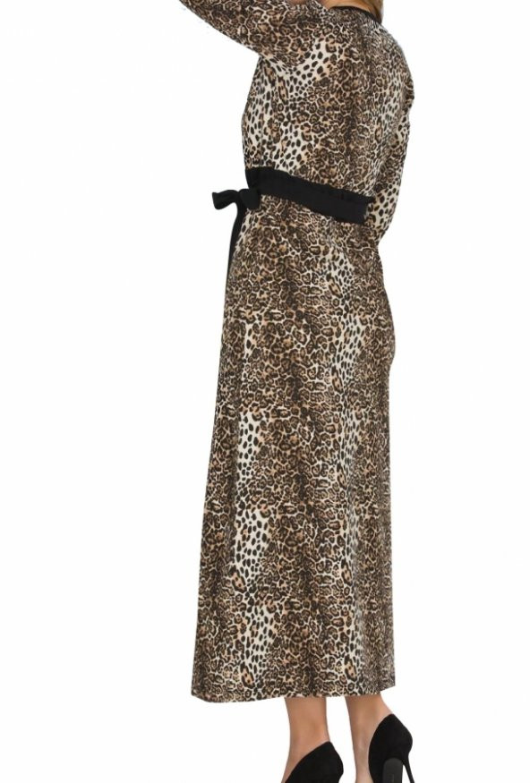 Bayan Kahverengi Desenli Uzun elbise 00549