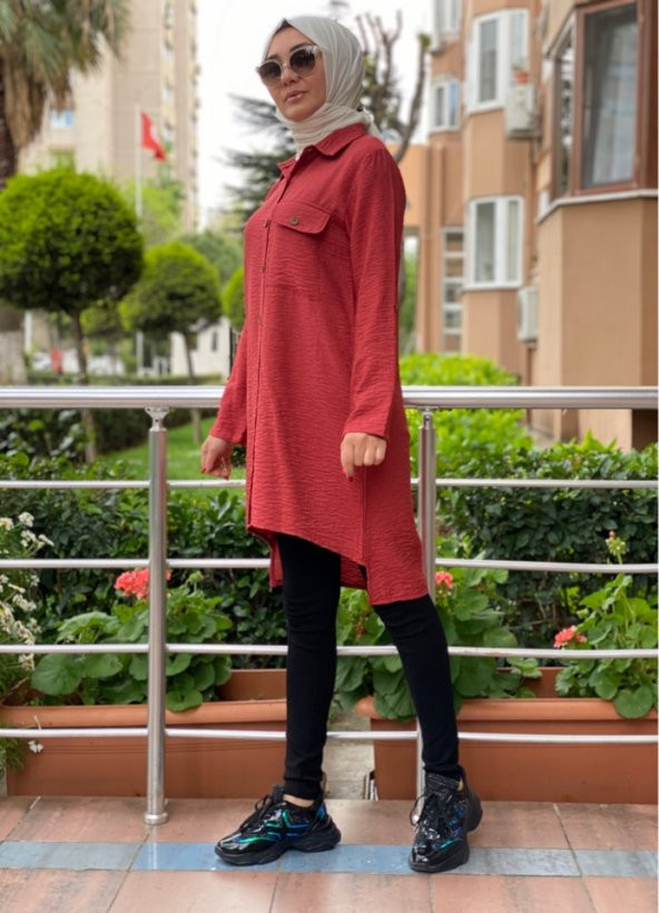 modayns Kadın Nar Çiçeği Renkli Cepli Tunik Gömlek