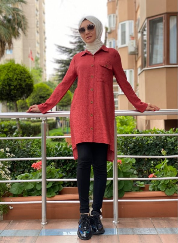 modayns Kadın Nar Çiçeği Renkli Cepli Tunik Gömlek - 2