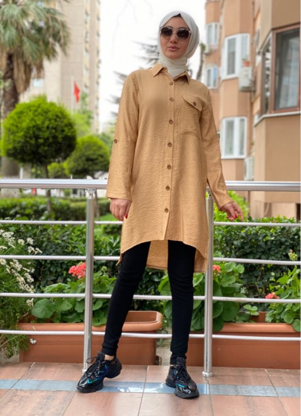 modayns Kadın Hardal Renkli Cepli Tunik Gömlek