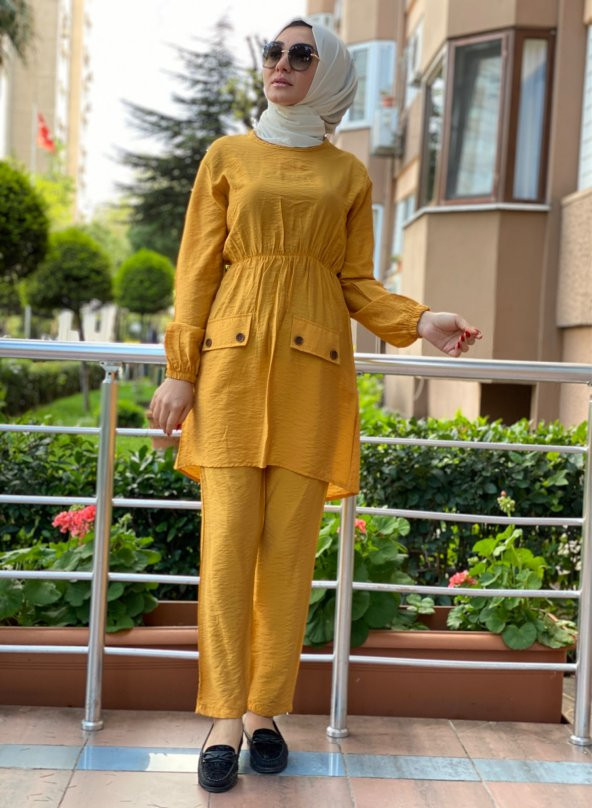 modayns Kadın Sarı Cepli Ağaç Kabuğu İkili Takım